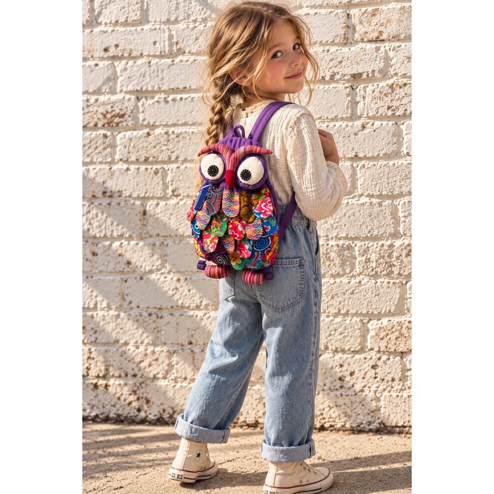 Handmade Multicolor Cotton Owl Backpack Boho Patchwork Whimsical Kids